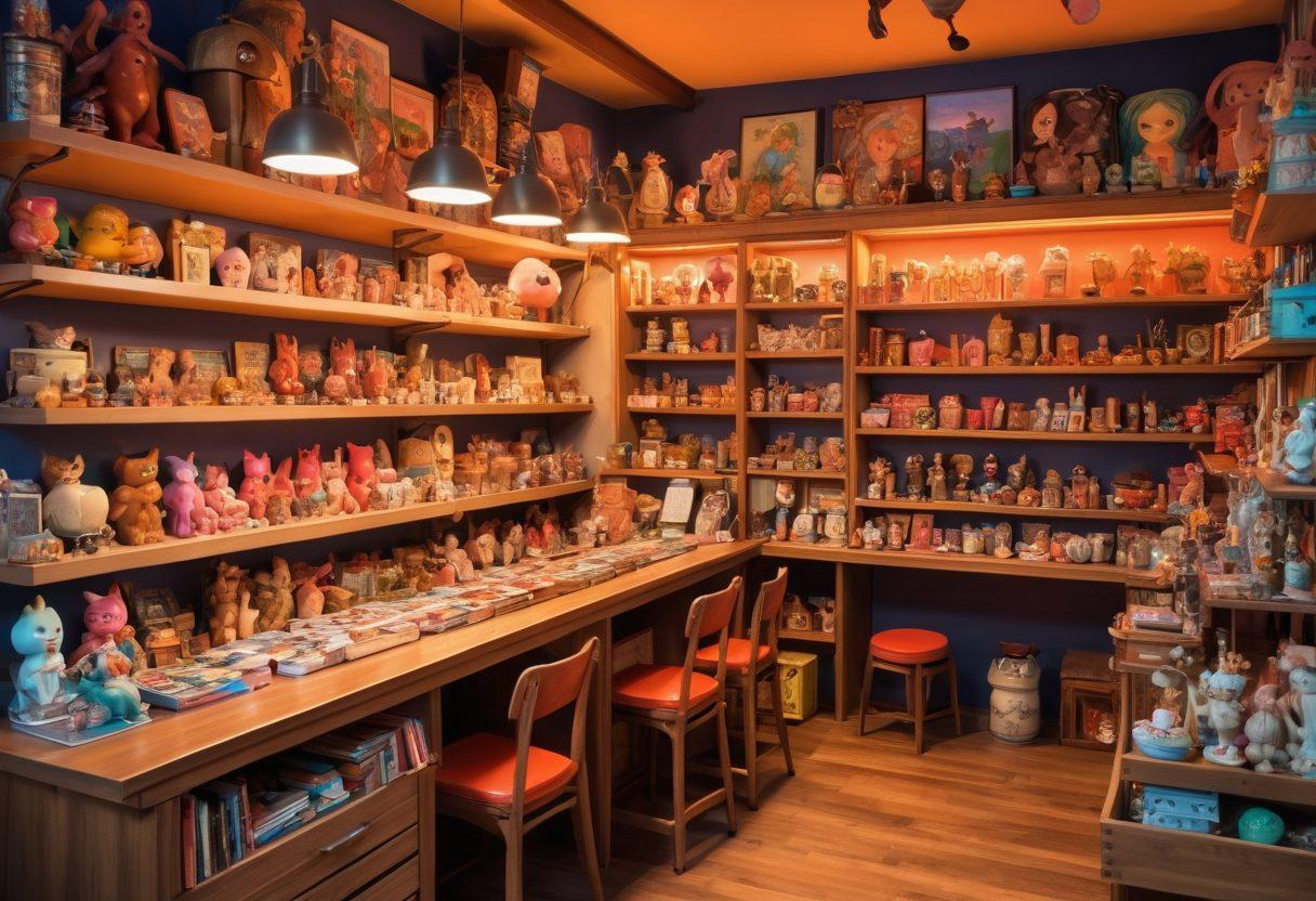 A whimsical and colorful illustration showcasing a vibrant collection of unique hentai-themed items, such as figurines, art prints, and rare collectibles displayed on elegantly styled shelves. The background features a cozy, inviting shopping environment with warm lighting and playful accents. Emphasize diversity in character designs and styles, creating a sense of excitement and curiosity for collectors. Element of fantasy blended with charm. vibrant colors. whimsical art style.